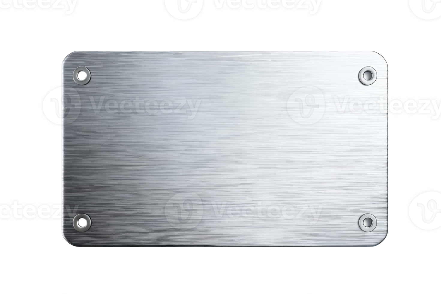 Close-up of a silver metal nameplate with a brushed finish and screw holes at each corner, isolated on a transparent background. png