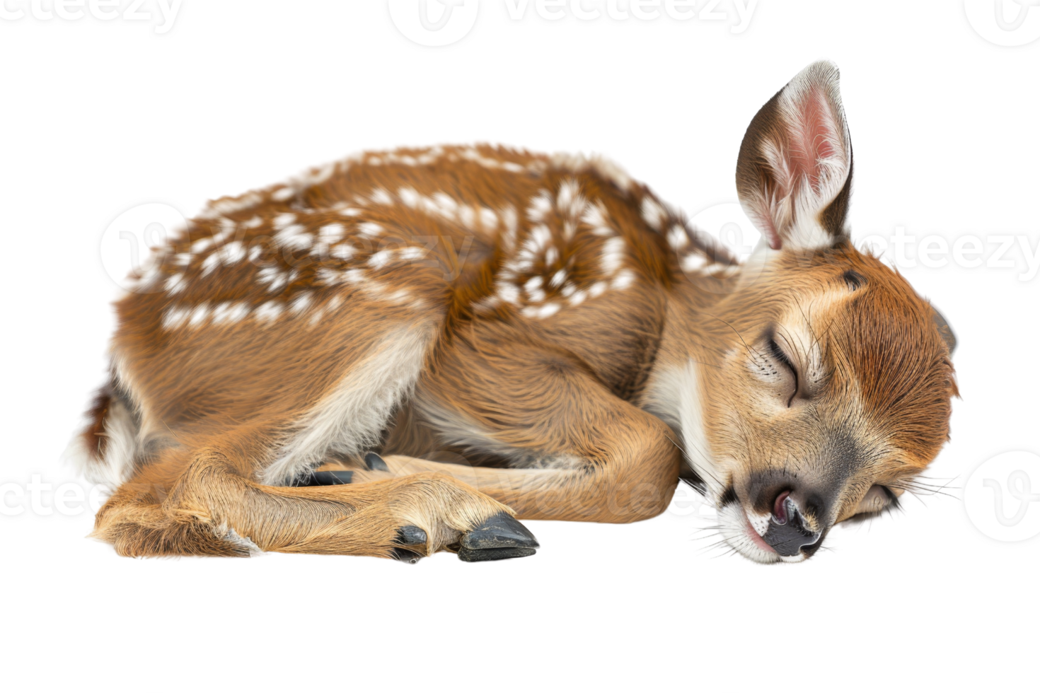 Close-up of a cute, young deer fawn sleeping peacefully on a transparent background. Adorable wildlife moment captured in high resolution. png