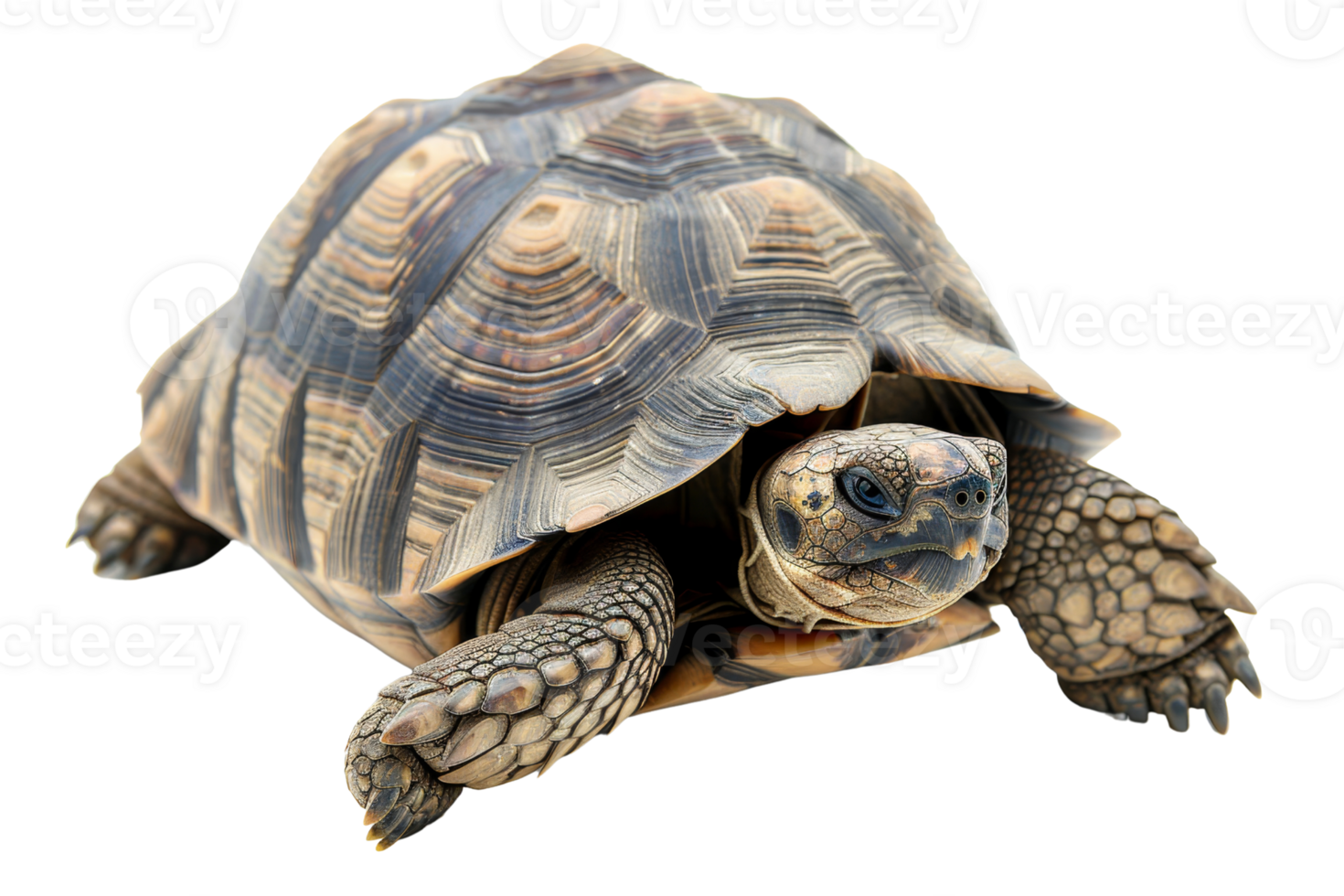 Close-up of a tortoise with a patterned shell isolated on a transparent background. Perfect for wildlife and nature-themed stock photography. png