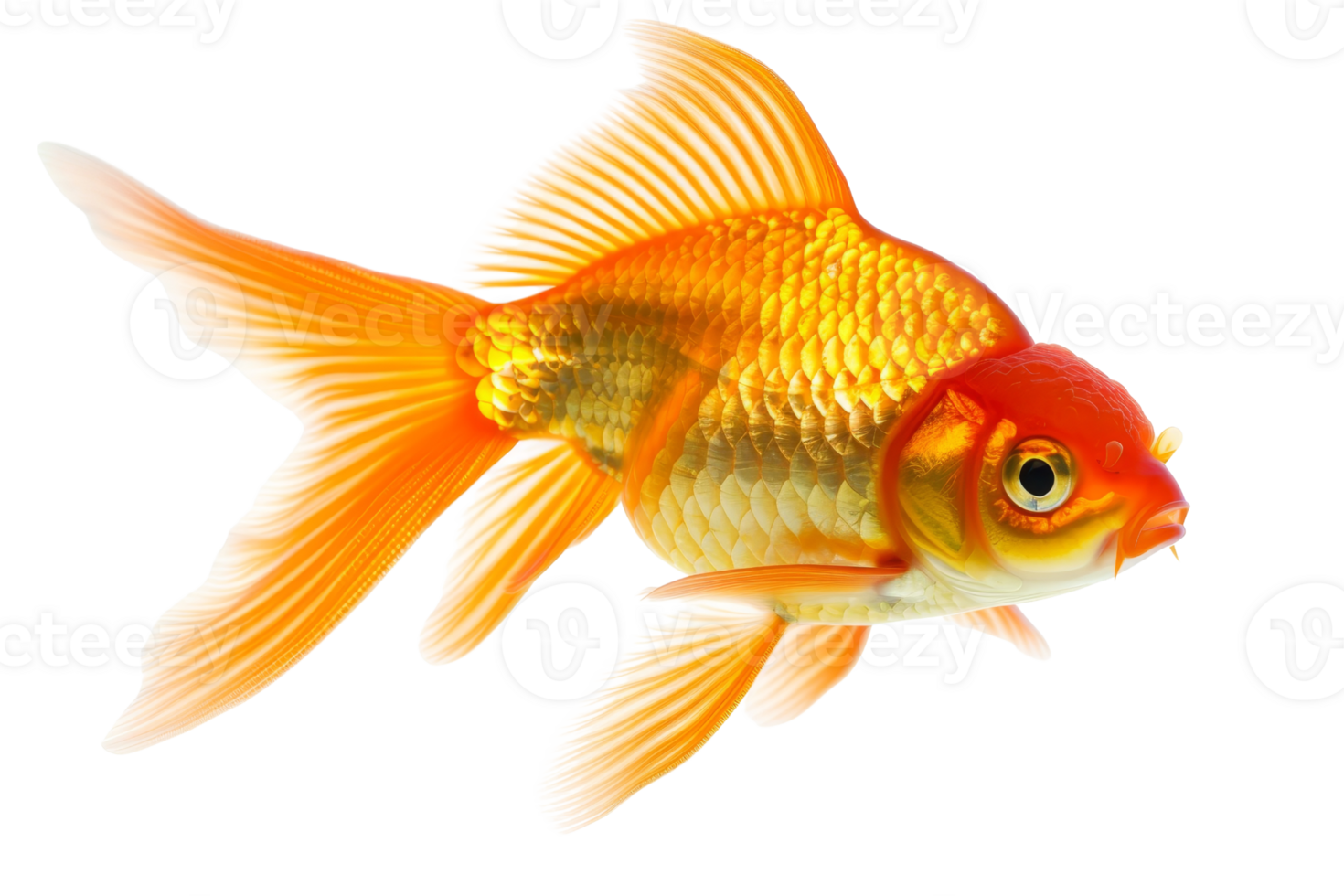 Close-up of a vibrant goldfish with flowing fins, swimming gracefully against a transparent background. Perfect for aquatic, pet, and nature themes. png
