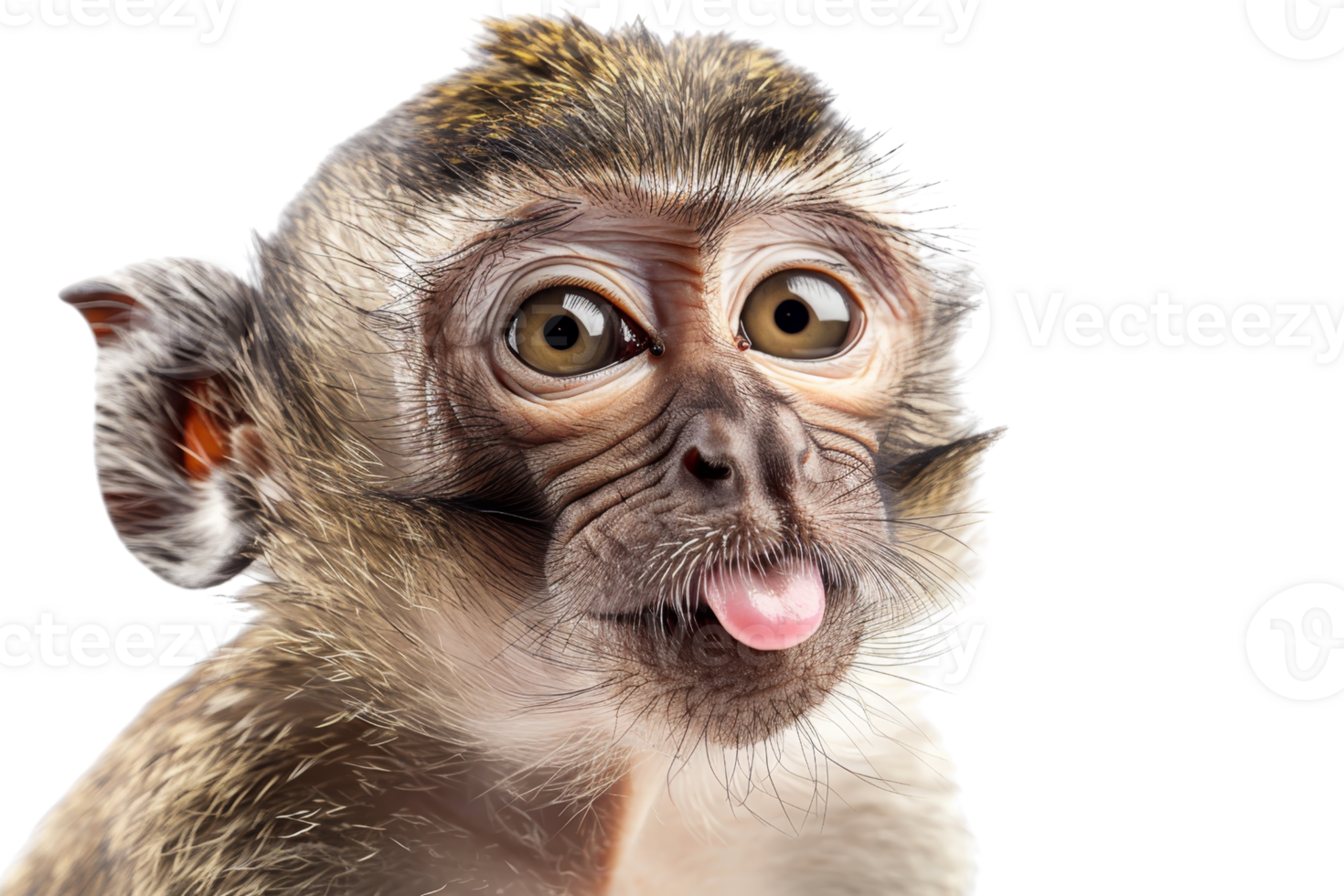 Close-up of a playful monkey sticking out its tongue against a transparent background. Humorous animal expression showcasing personality and curiosity. png