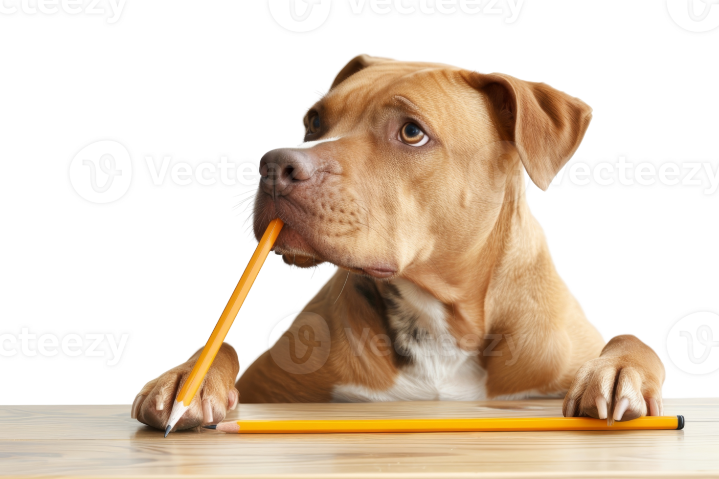 Cute brown dog chewing on a pencil while resting its paws on a table. Focused look. Isolated on transparent background. png