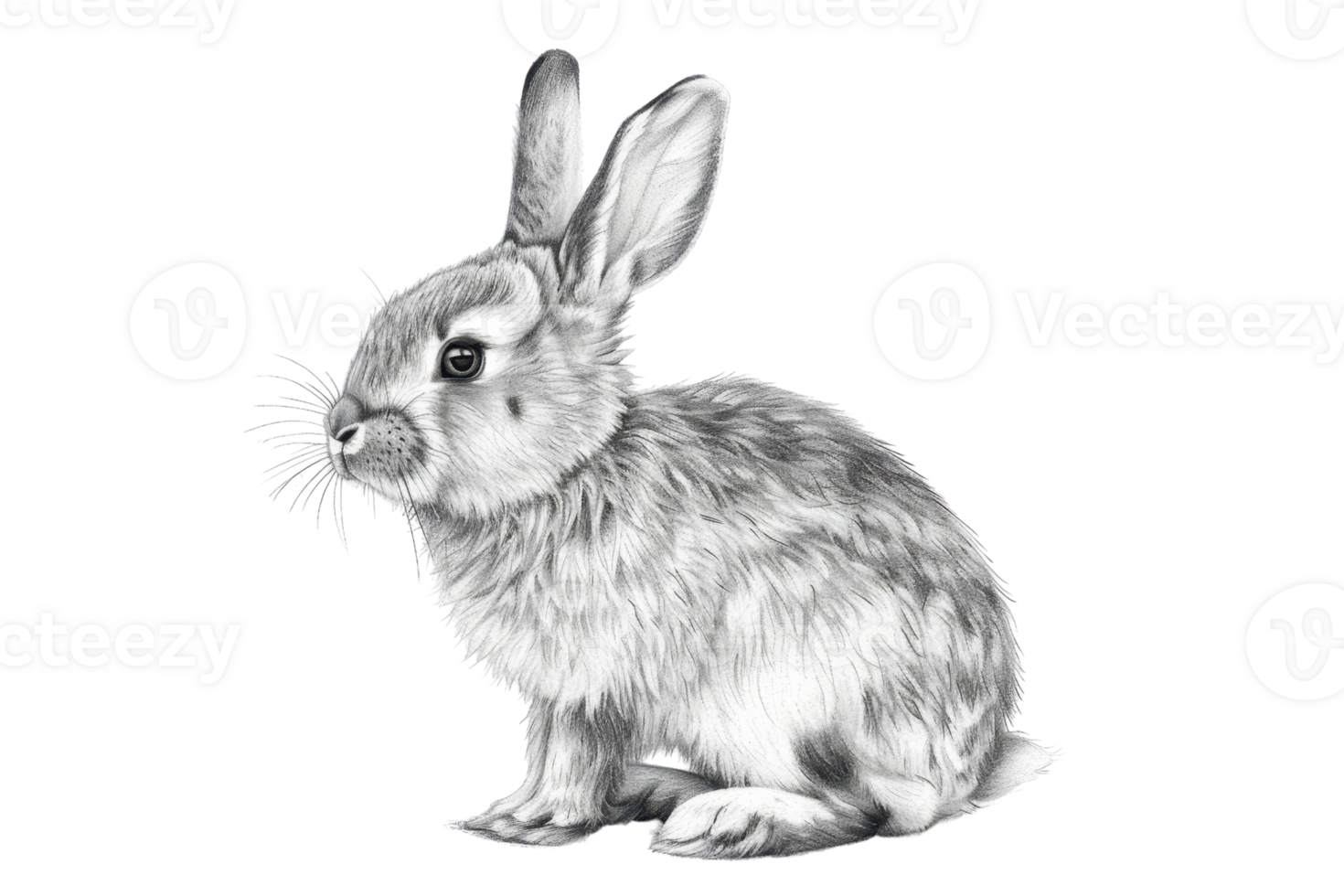 Detailed pencil sketch of a rabbit, showcasing intricate fur and delicate features. Ideal for art lovers and natural illustration enthusiasts. png