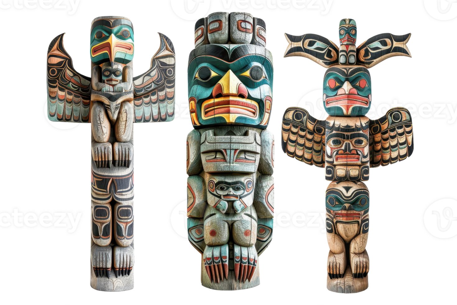 Colorful traditional wooden totem poles with intricate carvings and vibrant colors, showcasing indigenous art and cultural heritage. png