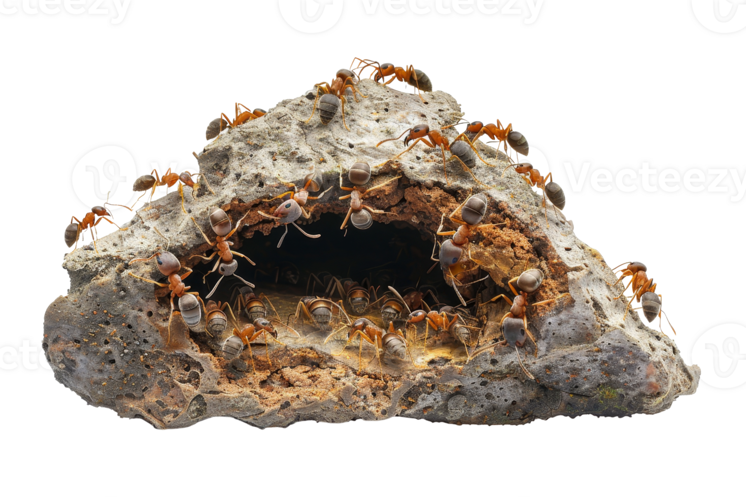 Close-up of numerous ants working diligently around their nest entrance in a piece of wood, showcasing their teamwork and behavior. png