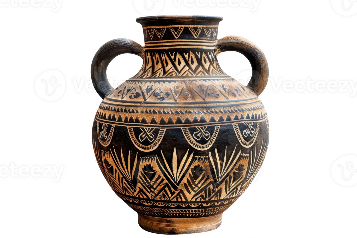 Decorative handcrafted ceramic vase featuring intricate ethnic patterns and a traditional two-handle design, perfect for home decor and collectibles. png