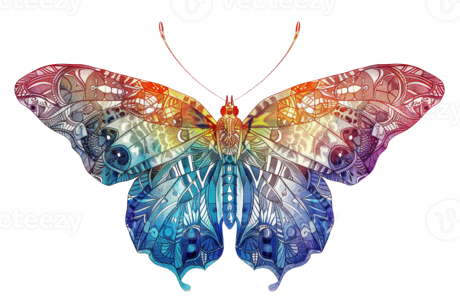Colorful artistic butterfly with intricate patterns, blending vibrant shades of blue, orange, and purple with detailed geometric designs. png