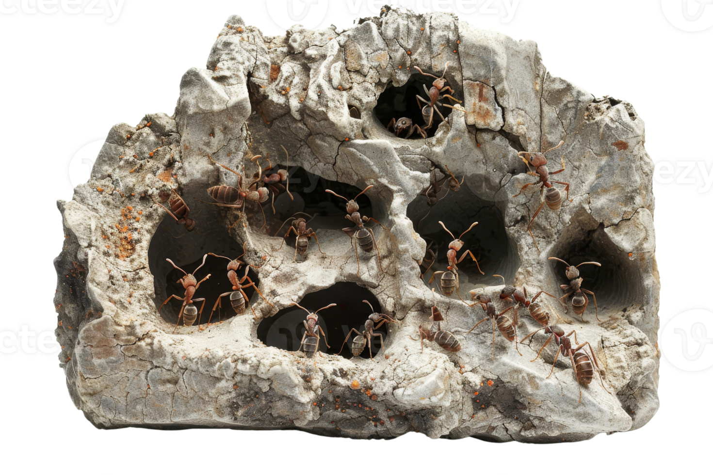 Close-up of an ant nest in a rock showing intricate tunnels and busy ants working, highlighting nature's complexity and teamwork. png