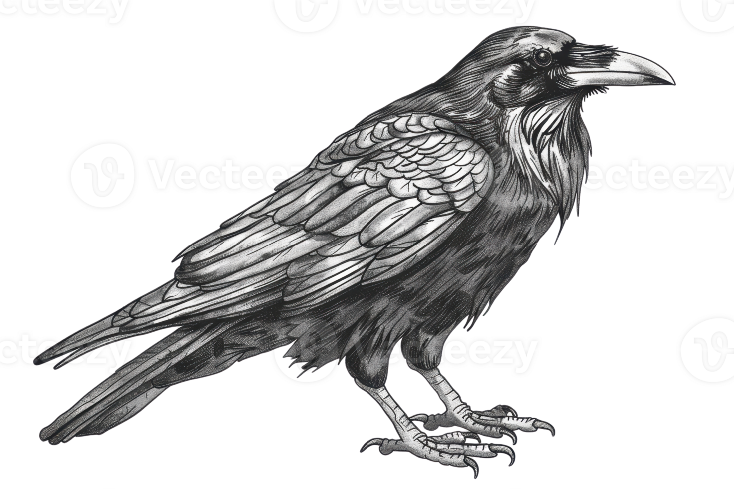 Detailed black and white illustration of a raven with intricate feather patterns and realistic features on a transparent background. png