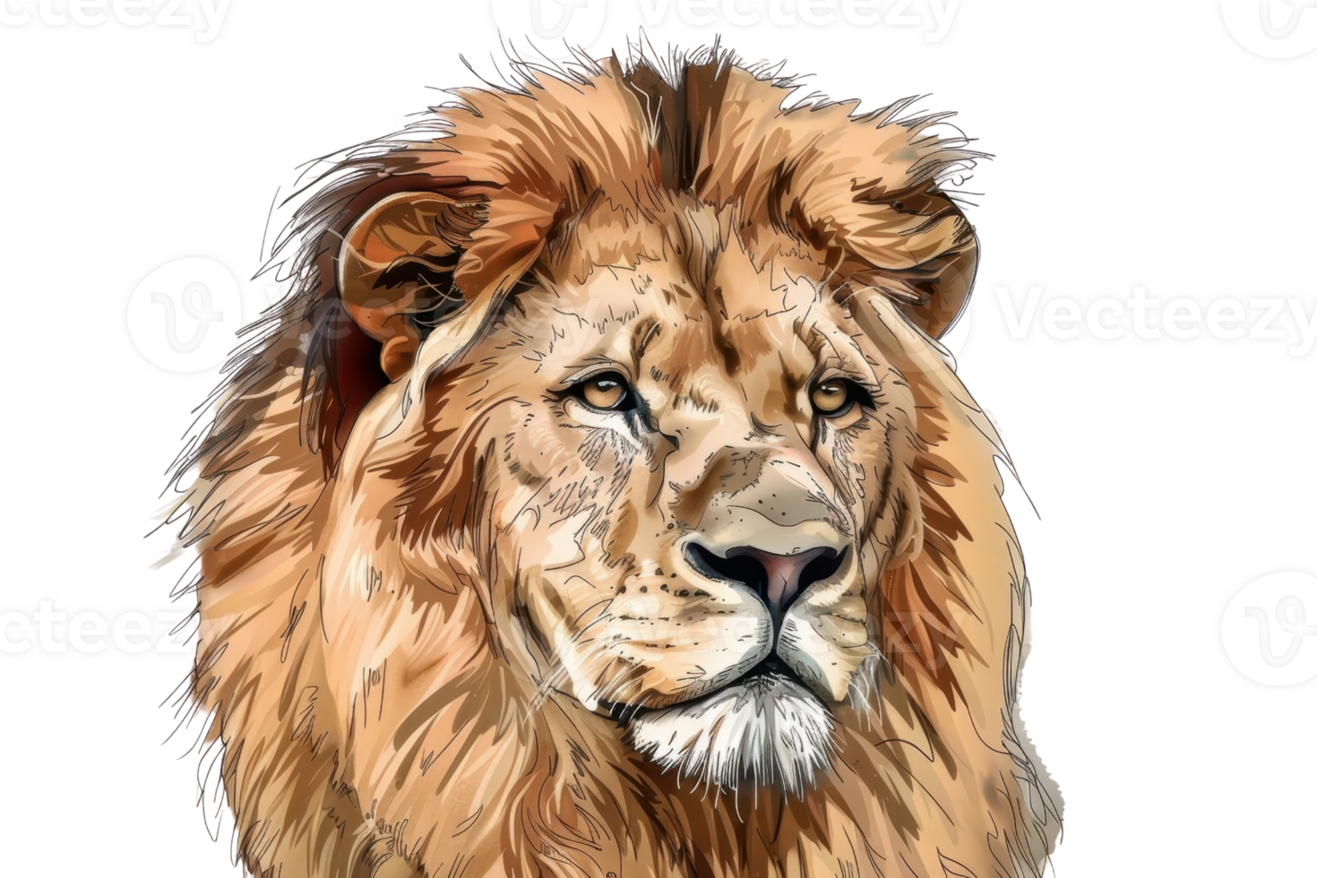 Detailed illustration of a majestic lion with a regal mane, showcasing the king of the jungle in all its splendor. png