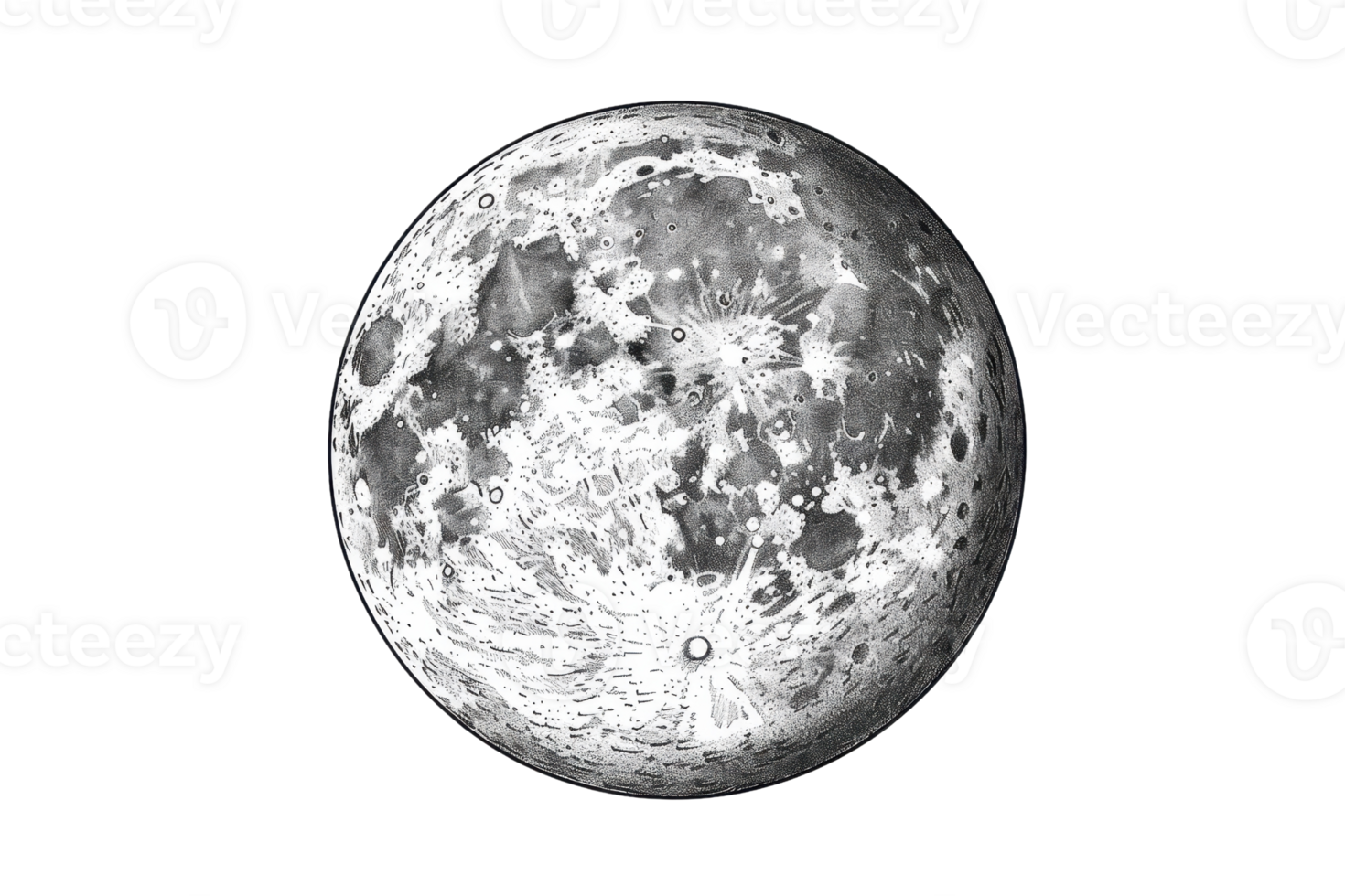 Detailed, high-resolution image of the moon showcasing its craters and surface textures in black and white. Ideal for educational and design purposes. png
