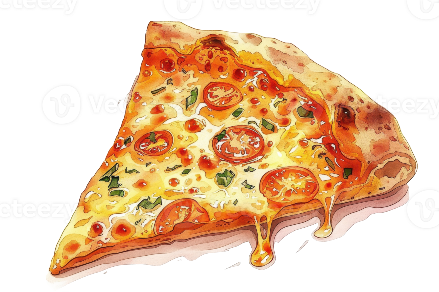 Delicious slice of pizza loaded with cheese, tomatoes, and herbs, showcasing melty goodness and a perfect golden crust. png