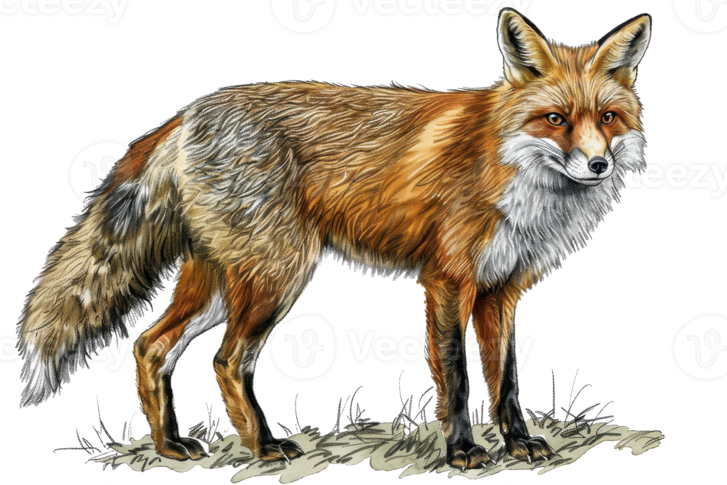 Detailed illustration of a majestic red fox standing on a grassy terrain with a sharp gaze, showing its beautiful fur and elegant stance. png