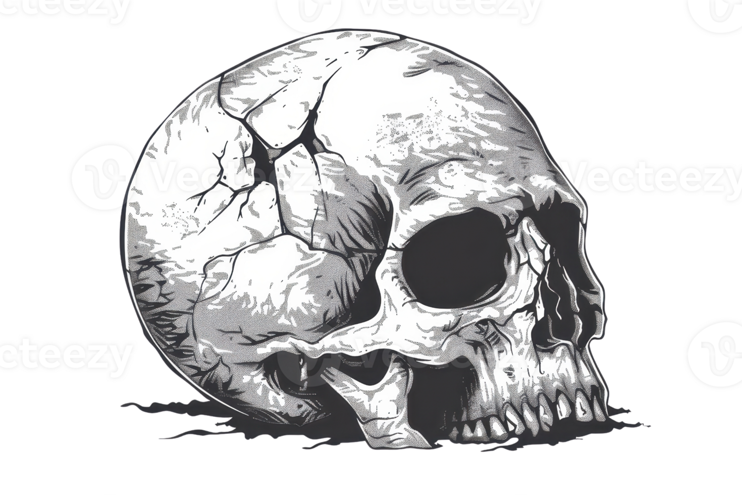 Detailed illustration of a human skull with cracks and shadows, highlighting the intricate structure and texture of the bone. png