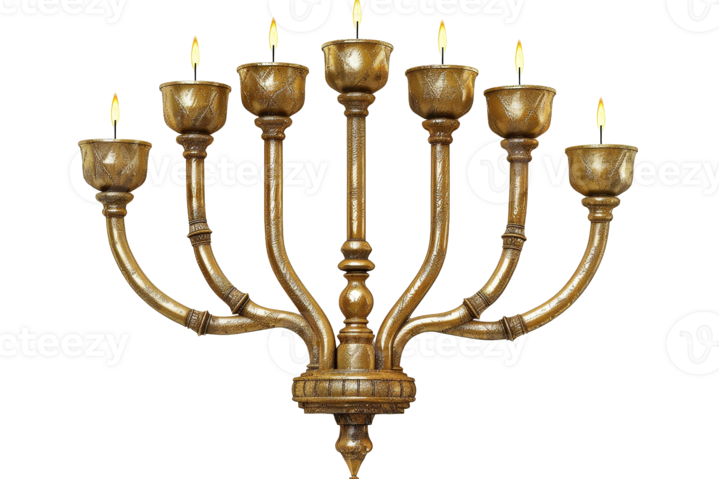 Elegant seven-branched candelabrum made of brass with burning candles. Perfect for religious ceremonies, festive decorations, or antique collections. png