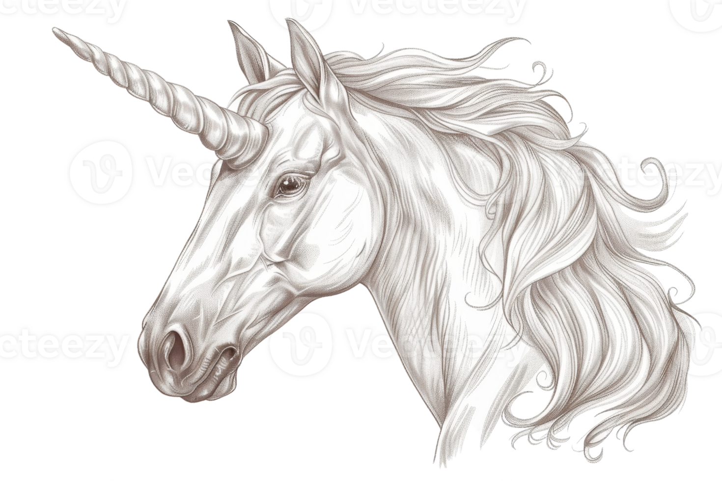Elegant hand-drawn unicorn illustration with flowing mane and detailed features, perfect for fantasy-themed designs and decorations. png