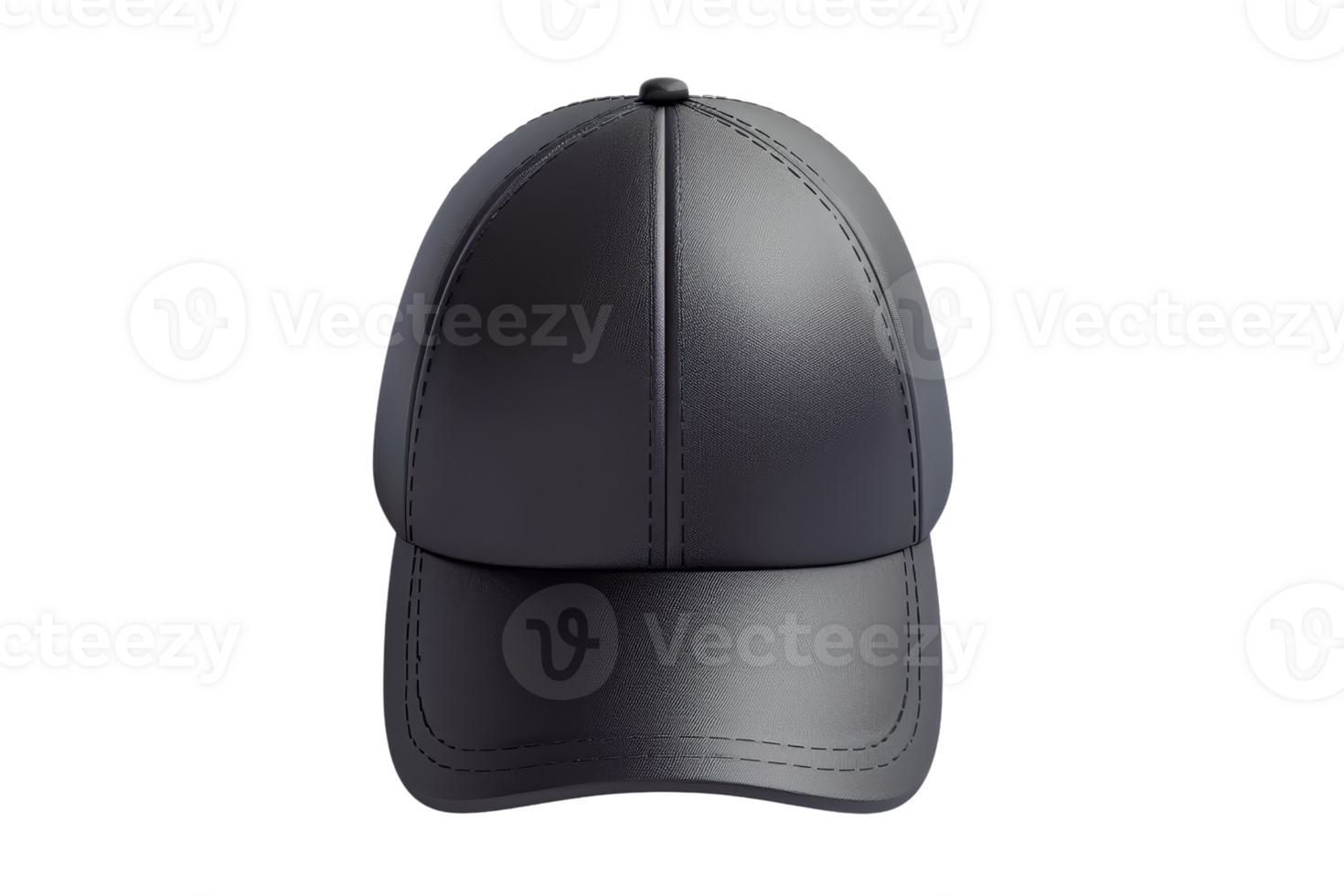 Front view of a black leather baseball cap. Perfect for fashion accessory, sportswear, and outdoor activities. Isolated on a transparent background. png