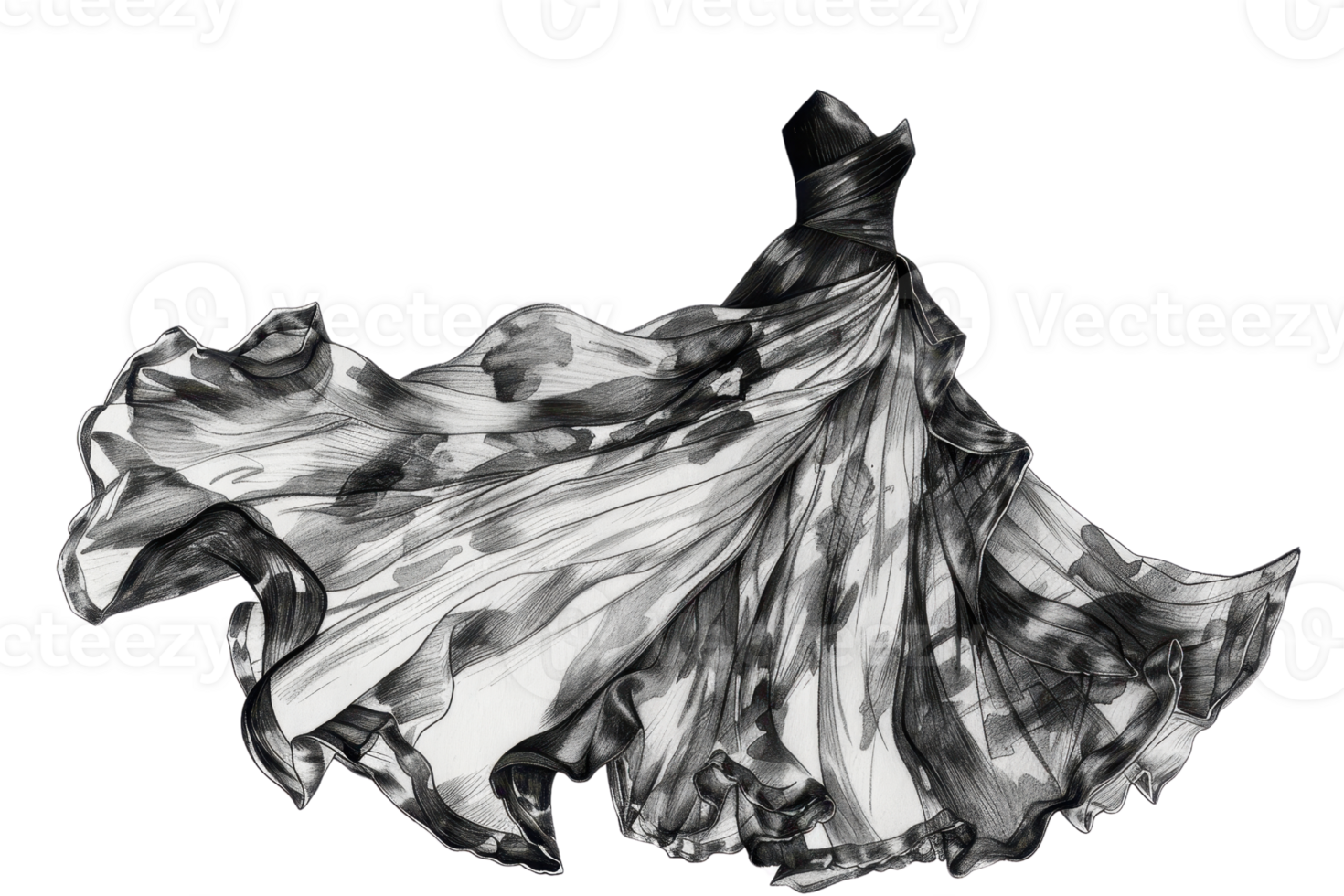 Elegant black and white abstract marble dress illustration, flowing and stylish design perfect for fashion concepts and art projects. png