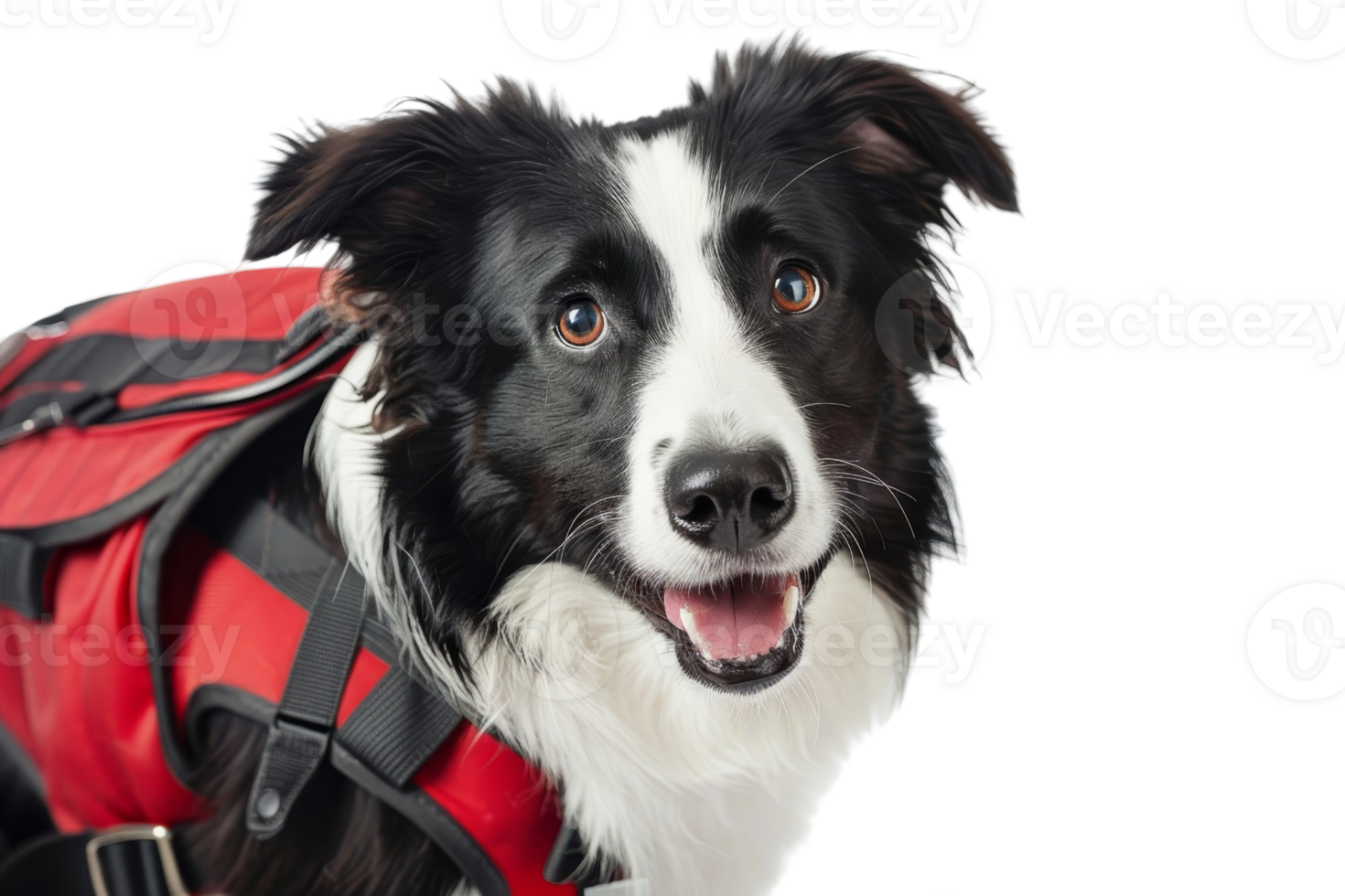 Happy Border Collie in a red harness, looking at the camera. Isolated on transparent background. prepared for search and rescue missions. png