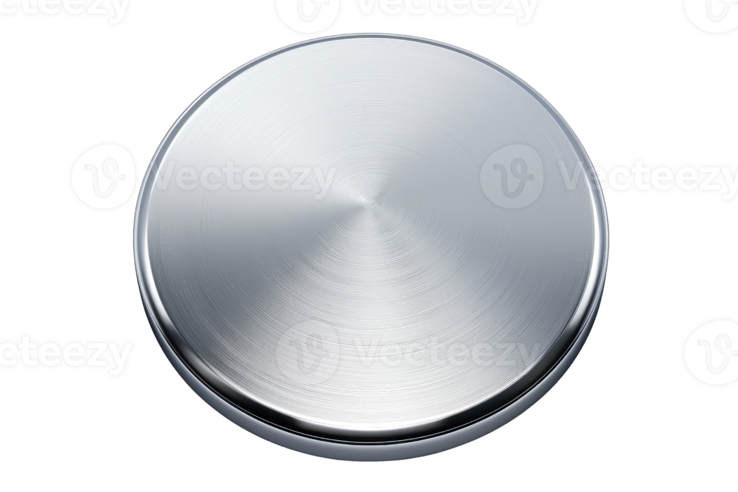 High-resolution image of a sleek, round metallic button with a polished stainless steel finish, perfect for user interface and design projects. png