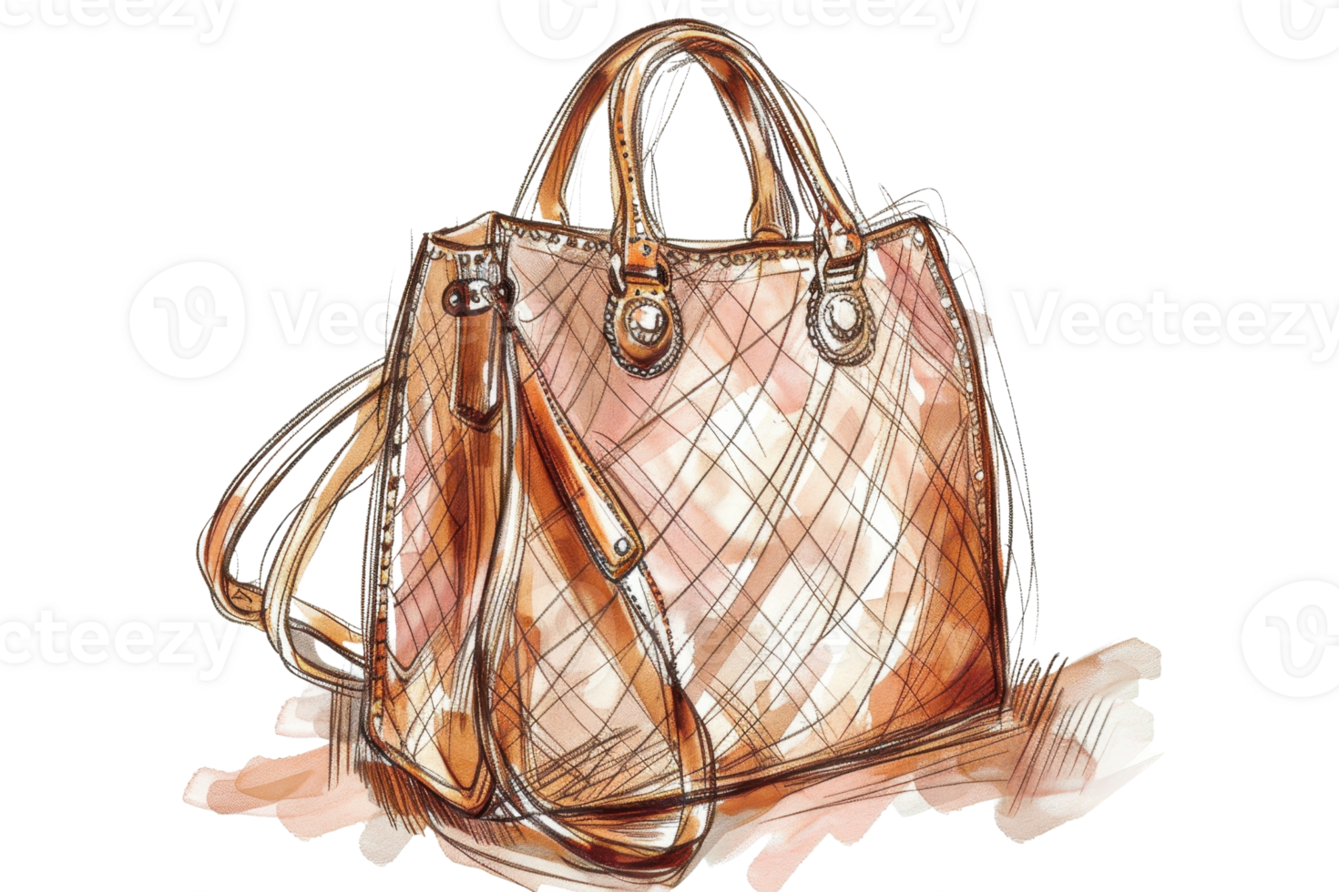 Elegant hand-drawn sketch of a stylish handbag with intricate details, showcasing fashion and luxury in a timeless design. png