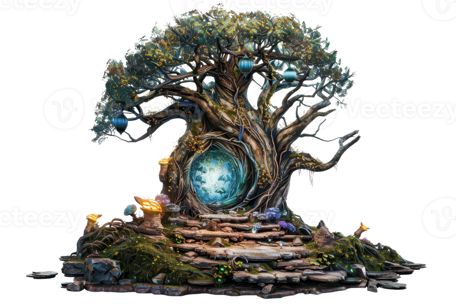 Enchanted tree with a mystical portal amidst forests. Surreal artwork with glowing elements, perfect for fantasy themes and imaginative designs. png