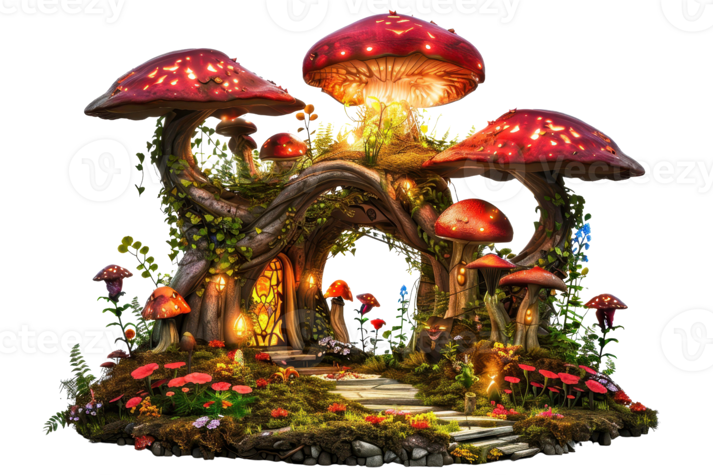 Enchanting fairy tale house nestled under giant glowing mushrooms, surrounded by lush greenery and vibrant flowers, creating a magical scene. png