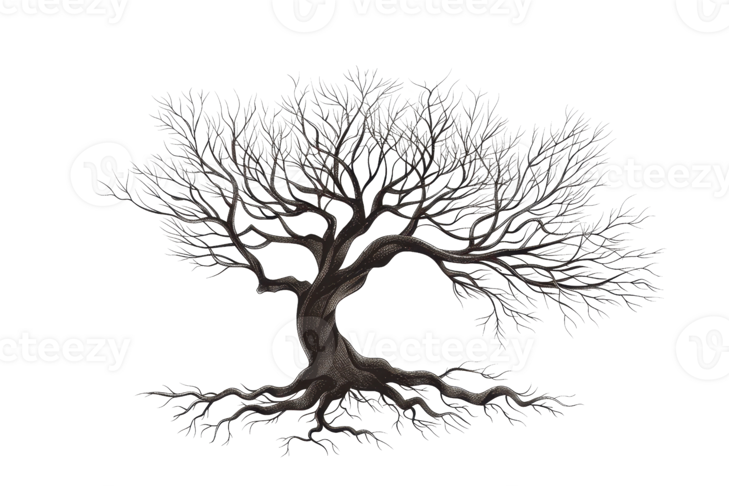 Illustration of a bare tree with twisted branches, displaying an intricate design and detailed texture against a transparent background. png