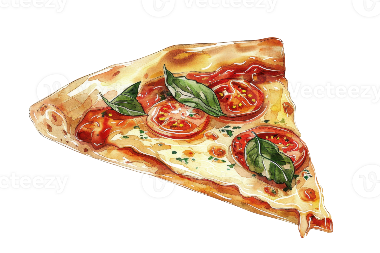 Illustrated slice of delicious pizza with tomatoes and basil, perfect for culinary themes, food blogs, or menu designs. png