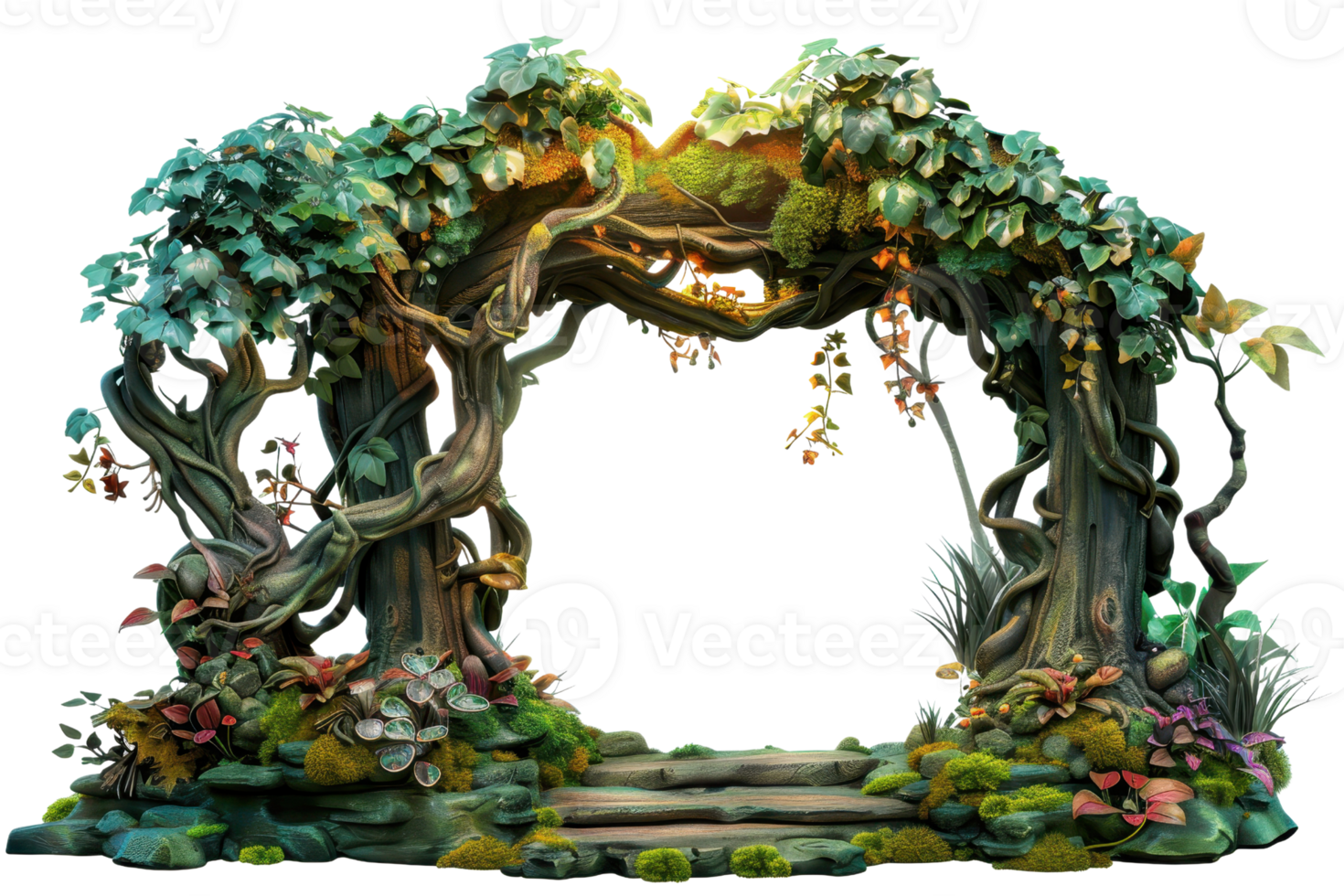 Enchanted forest archway with lush greenery, vibrant flowers, and twisted vines, creating a magical, fairy-tale scene. png