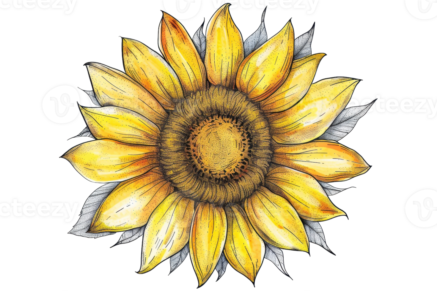 Hand-drawn yellow sunflower illustration with intricate details, radiating a cheerful and bright vibe, perfect for art and design projects. png