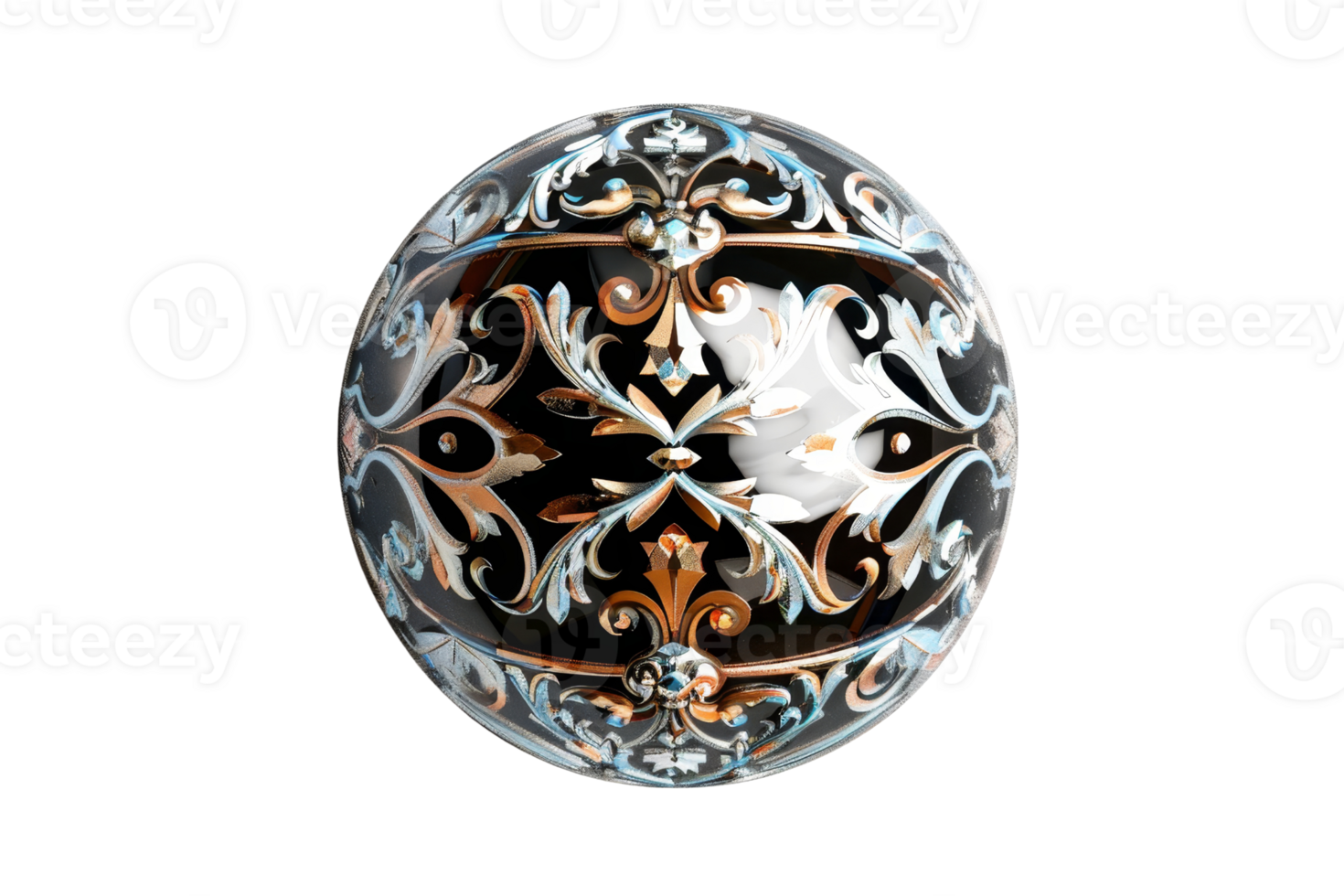 Intricately designed decorative sphere with ornate, floral patterns. Elegant craftsmanship in black, white, and gold hues, perfect for artistic decor. png