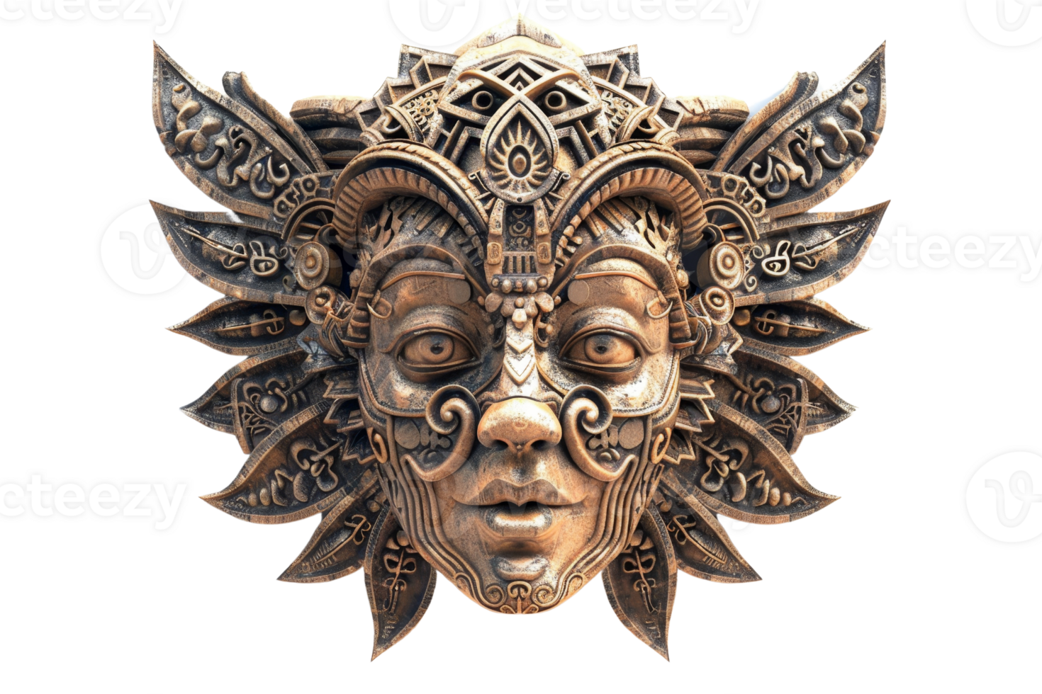 Intricate decorative face mask showcasing detailed patterns and artistic craftsmanship with an ancient tribal aesthetic in bronze. png
