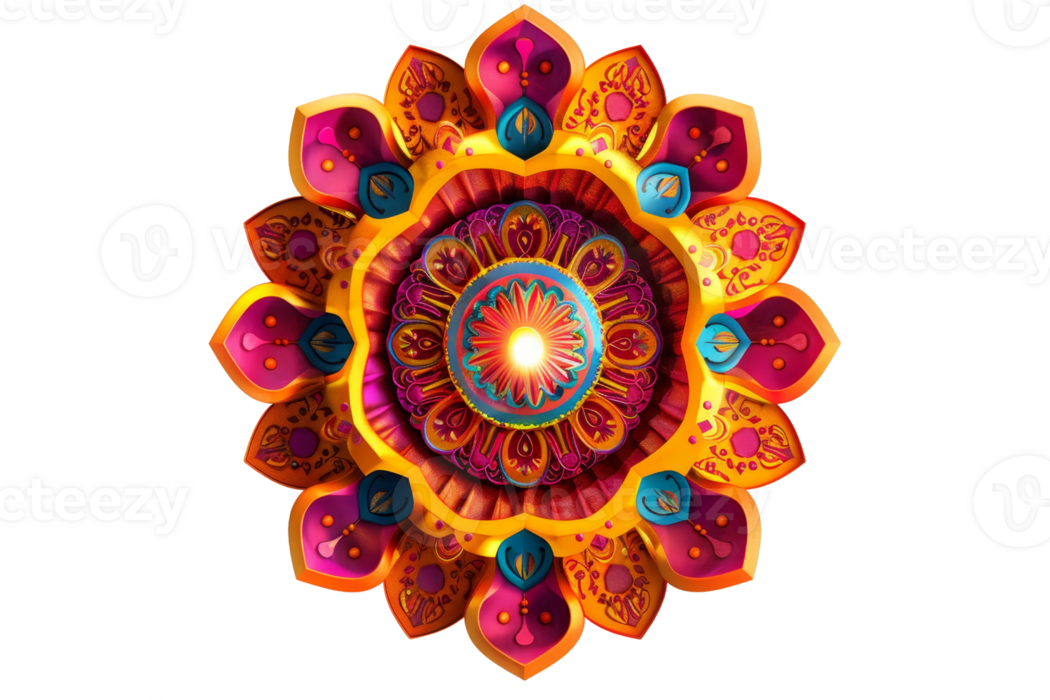 Intricate multicolored mandala design with vibrant hues and detailed patterns, creating a mesmerizing and artistic visual centerpiece. png