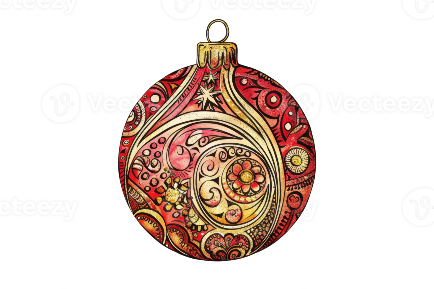 Intricately designed Christmas ornament with red and gold patterns, perfect for festive holiday decorations and seasonal celebrations. png