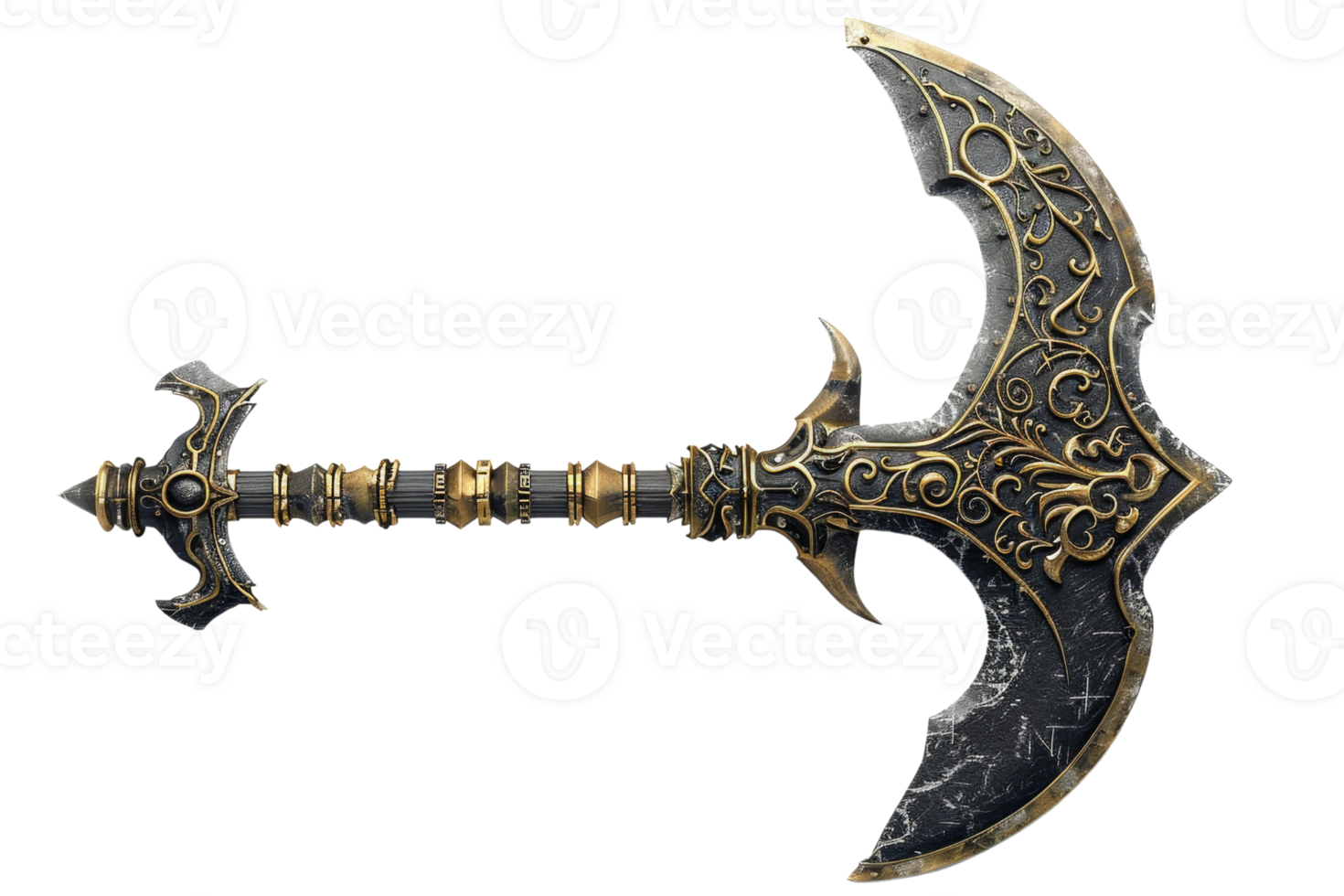 Intricately designed medieval battle axe with ornate details and gold accents, isolated on a transparent background. for fantasy and historical themes. png