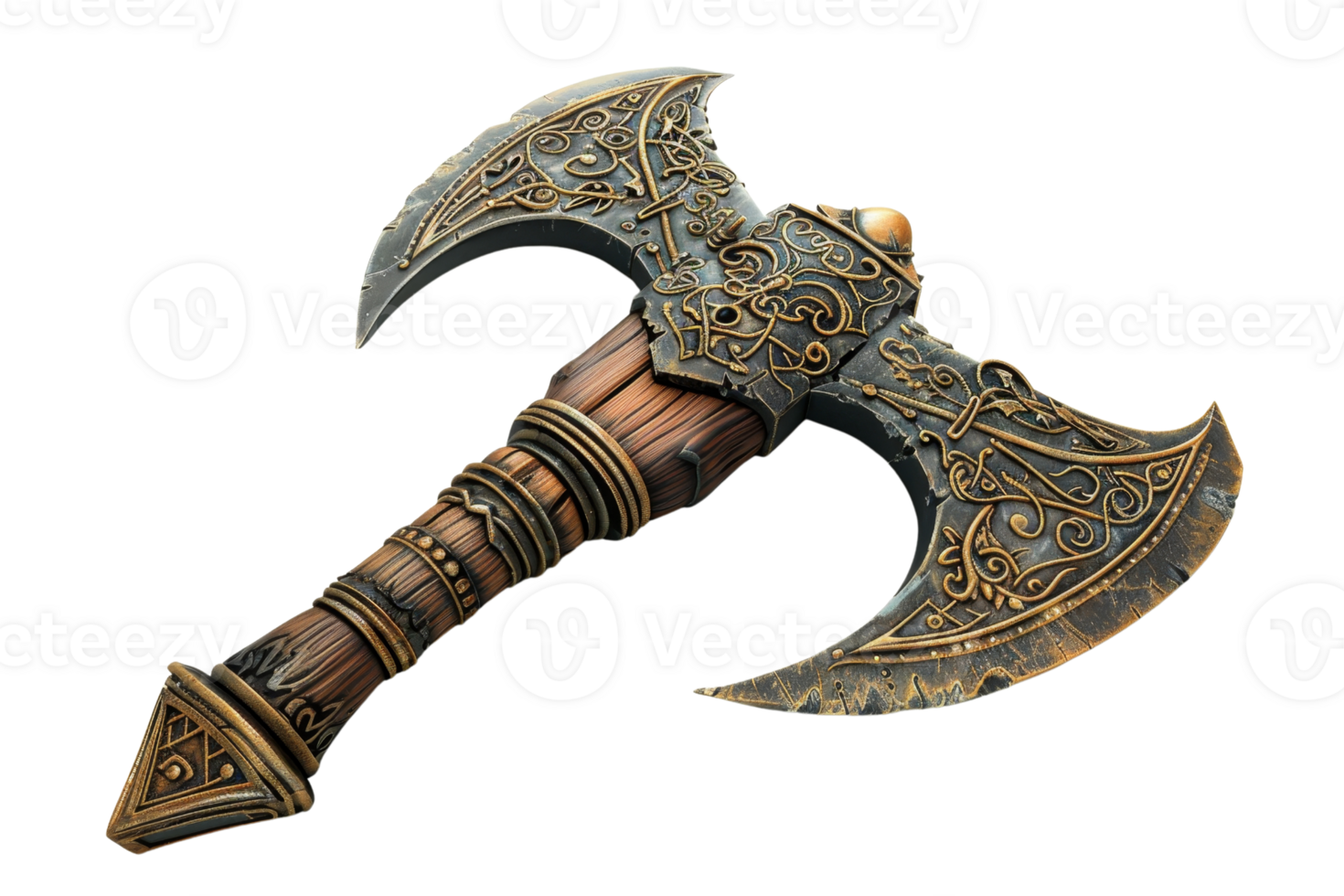 Intricately designed double-headed fantasy axe with ornate carvings and a wooden handle, perfect for medieval or fantasy-themed settings. png