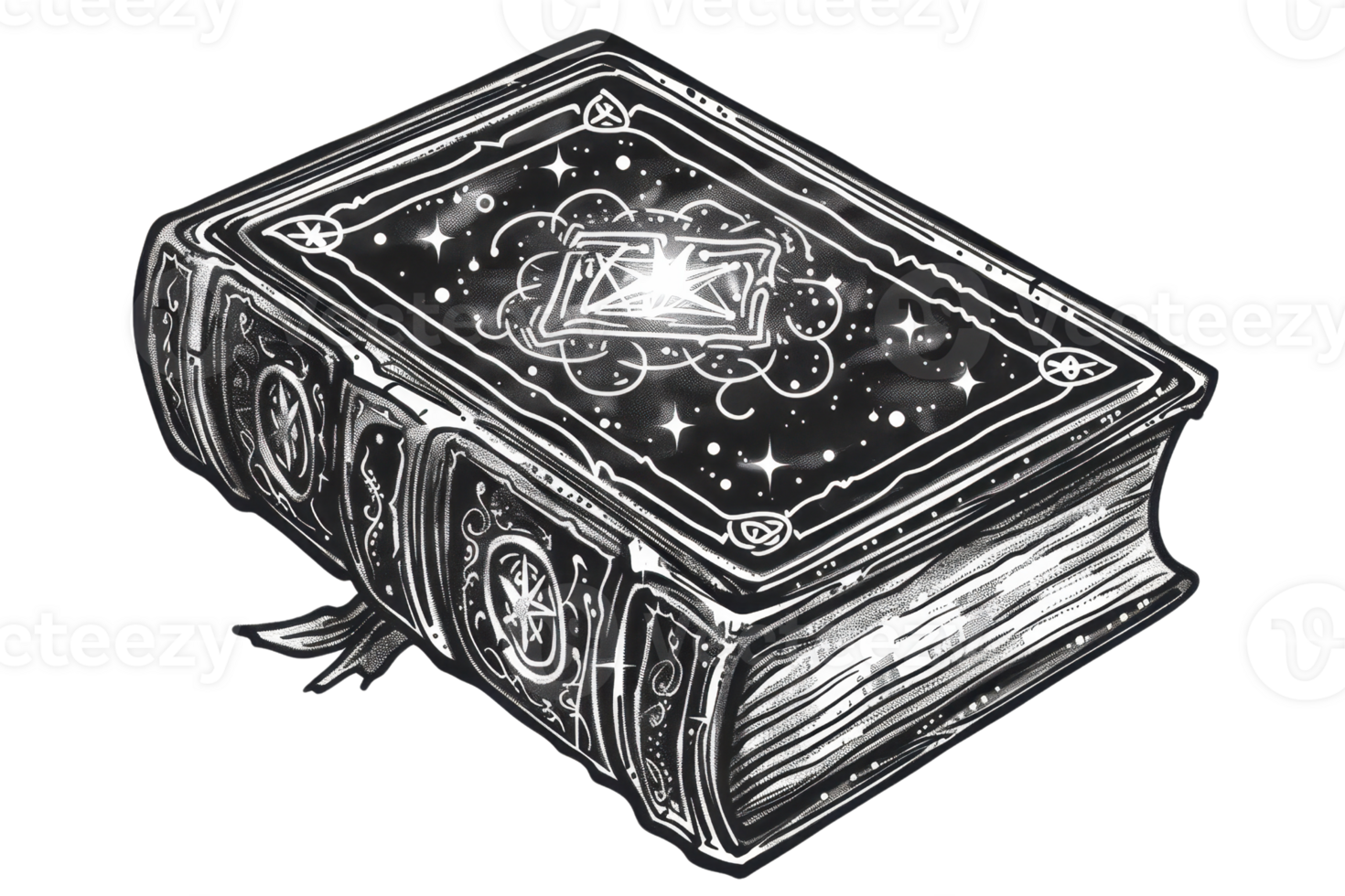 Intricate illustrated book with ornate cover and mystical design. A perfect blend of fantasy art and literary elegance. png