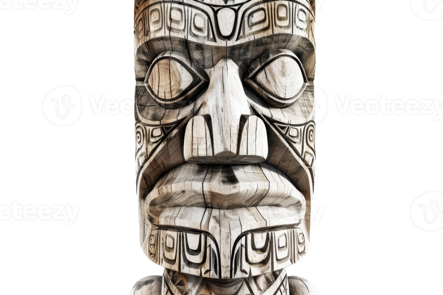 Intricately carved wooden statue, showcasing detailed tribal designs and facial features, isolated on a transparent background. png