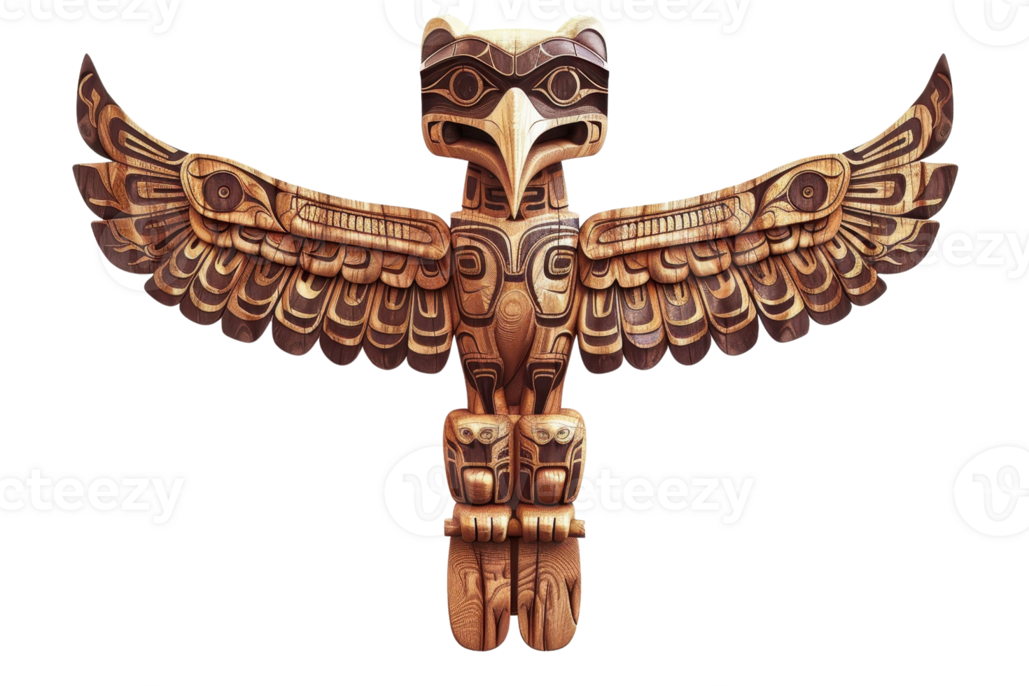 Intricate Native American totem pole featuring detailed carvings of animals, representing cultural and spiritual significance. png