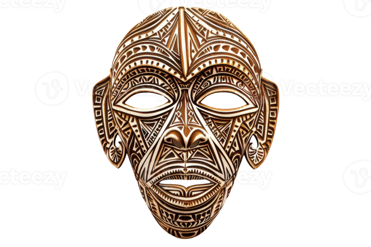 Intricately designed tribal mask with detailed carvings, representing cultural heritage and artistry, ideal for decor or art enthusiasts. png