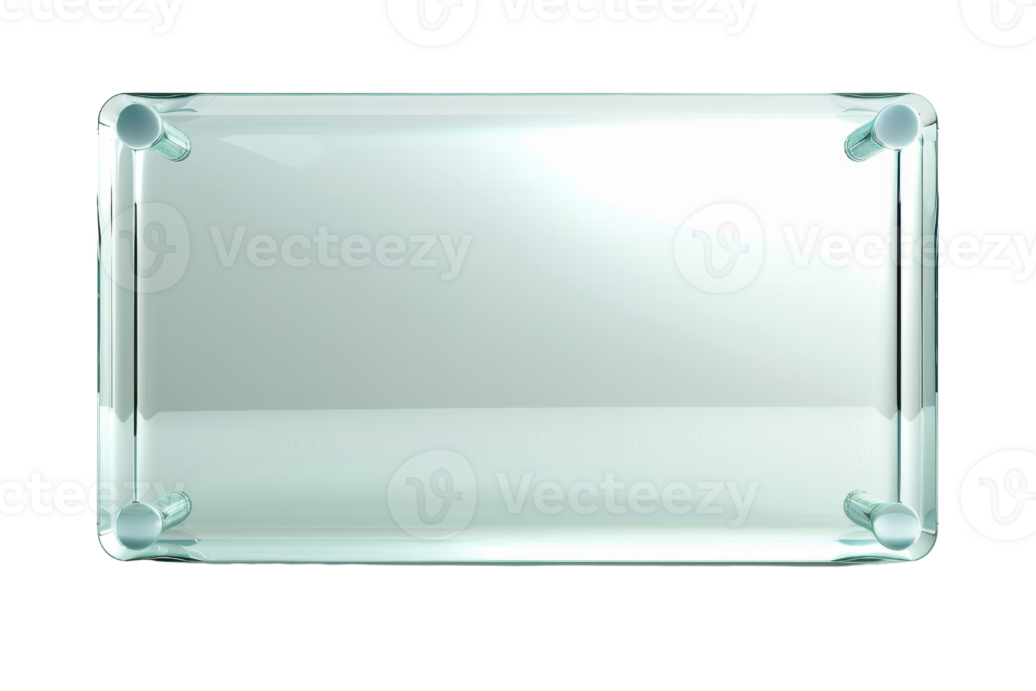 Rectangular glass table top with rounded corners, isolated on a transparent background. Modern and sleek piece of furniture ideal for home or office. png