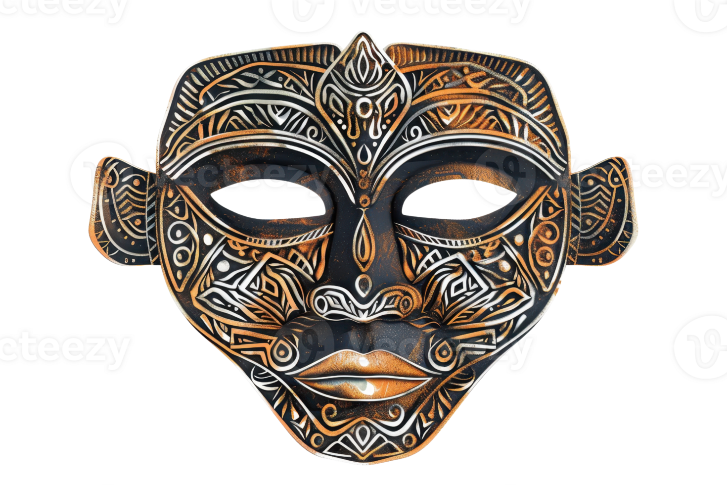 Intricate tribal mask with detailed carvings and striking patterns, perfect for cultural displays, art, and decor. png