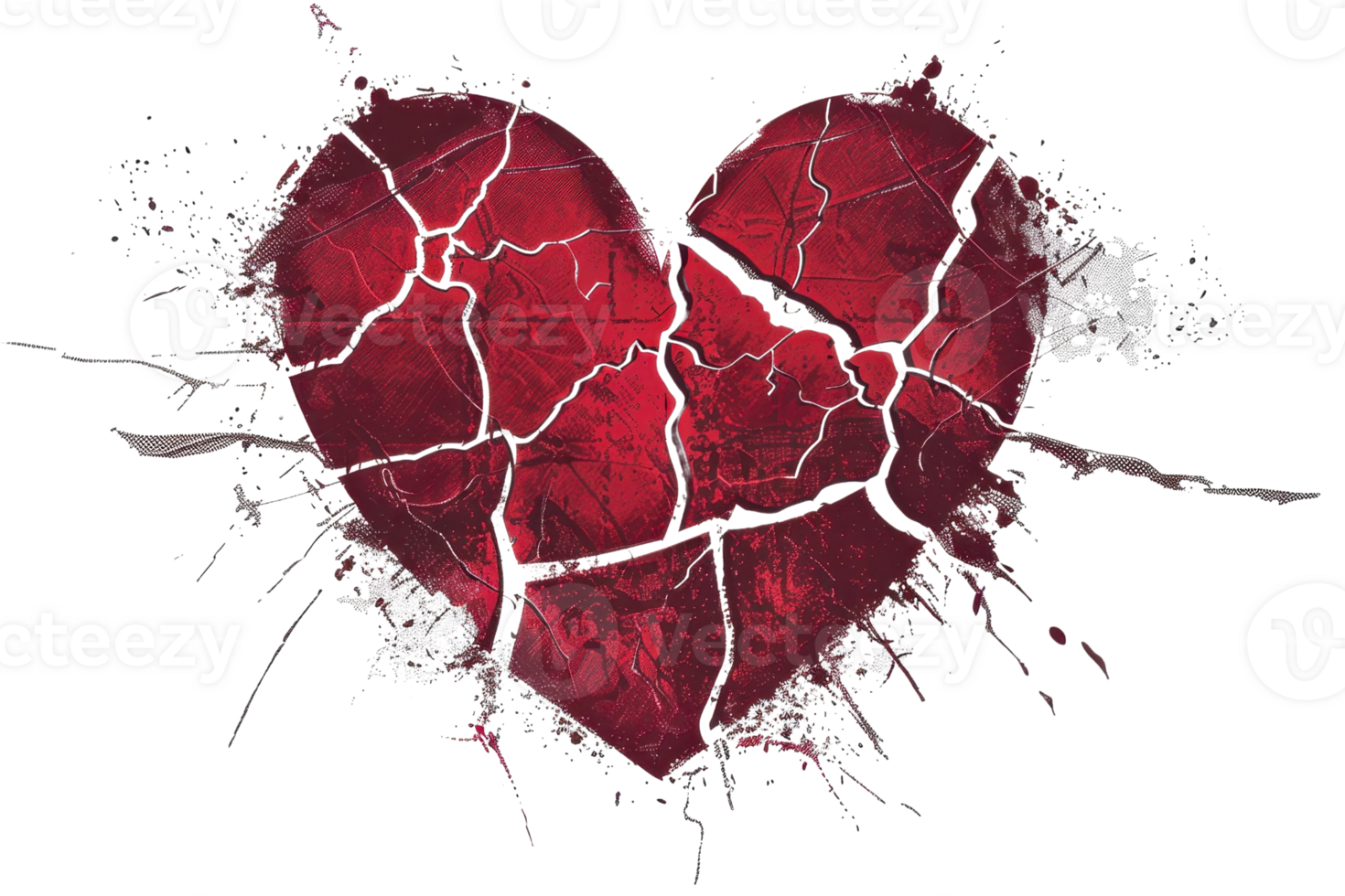 Shattered red heart with cracks and splatters on a black background, symbolizing love heartbreak, emotional pain, and relationships. png