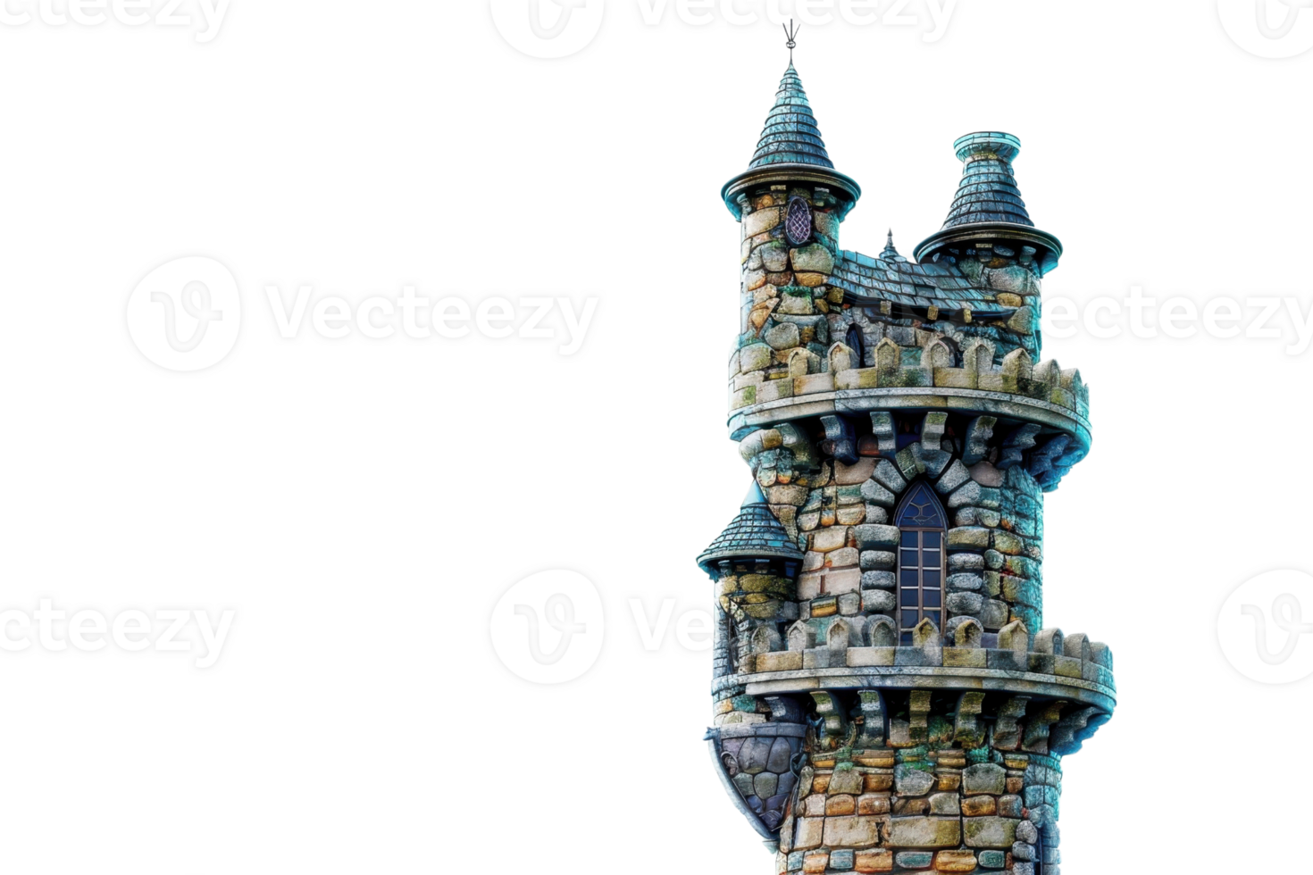 Medieval stone tower with intricate architecture and turrets against a clear sky. Strong historic and fairy-tale ambiance. png