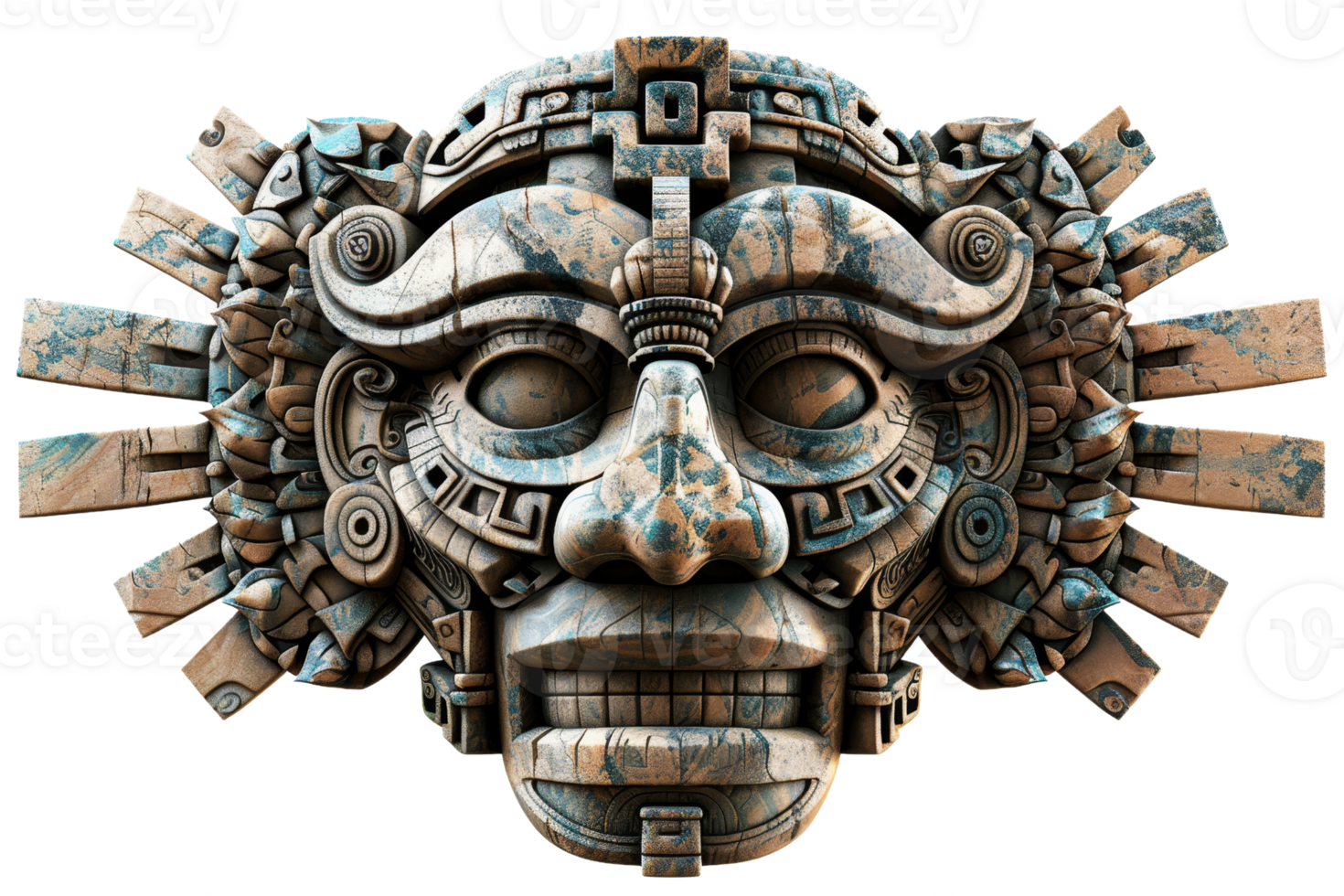 Intricate ancient stone mask with detailed carvings and weathered textures, symbolizing ancient culture and artistry. png