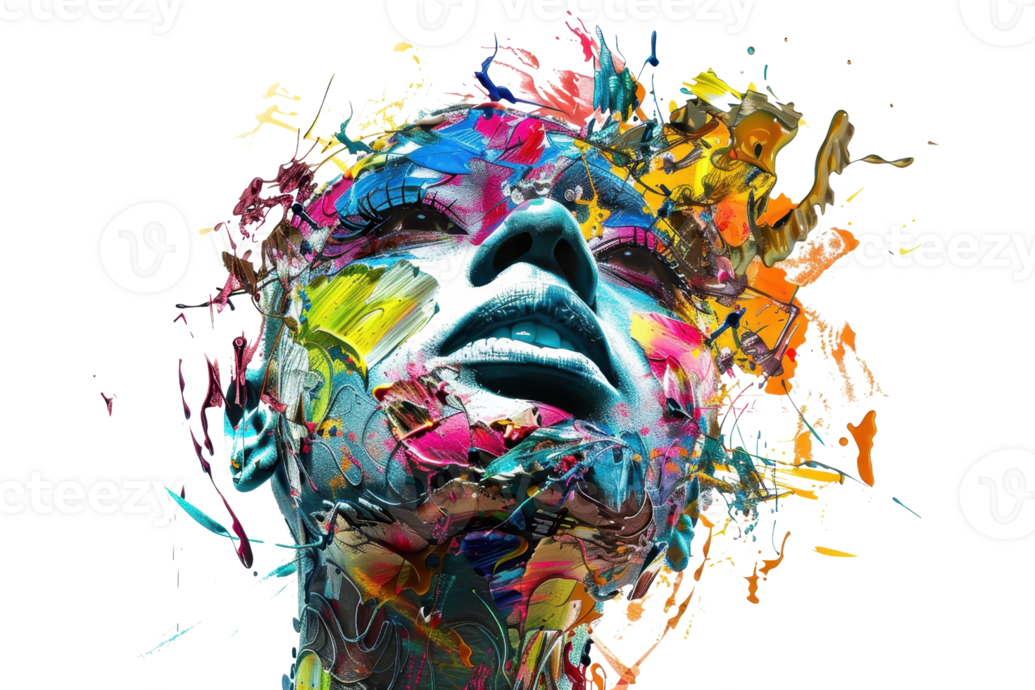 Vibrant abstract painting of a human face, exploding with colorful splashes, representing creativity, expression, and modern art. png