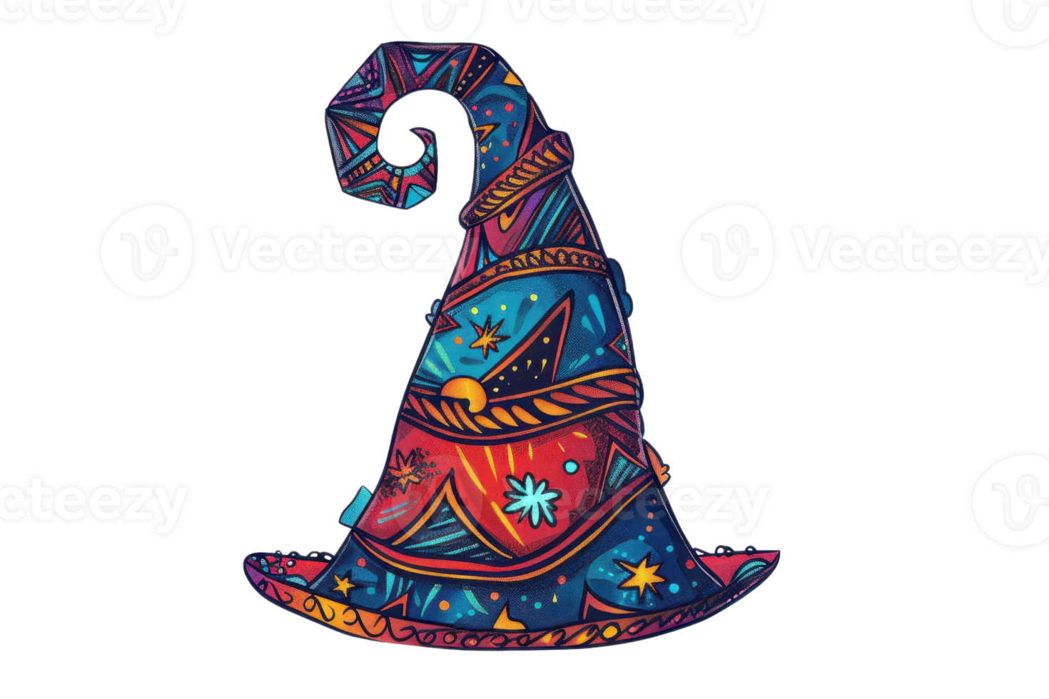 Vibrant, intricately designed wizard hat with celestial patterns. Perfect for fantasy, magic, and Halloween-themed projects. png