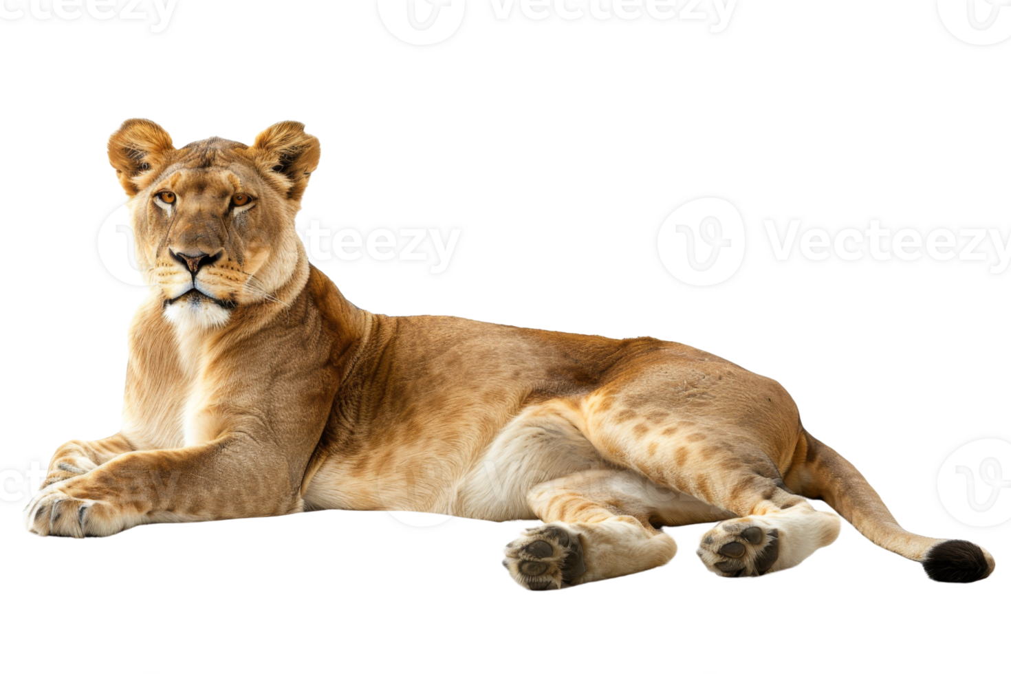 A majestic lioness lounges on the ground, displaying grace and strength in her natural habitat. png