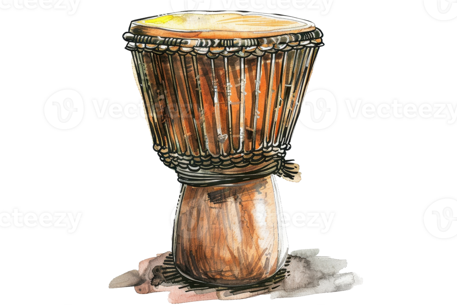 Watercolor illustration of a traditional djembe drum with intricate details and a natural wooden finish. png